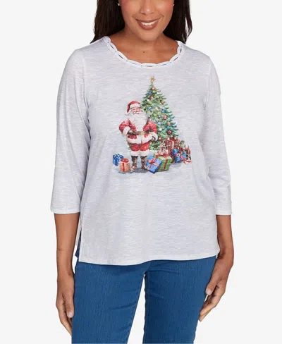 Alfred Dunner Petite Santa And Tree Print Top In Gray