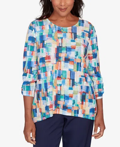 Alfred Dunner Petite Saratoga Springs Tile Print Colorblock Textured Top In Blue