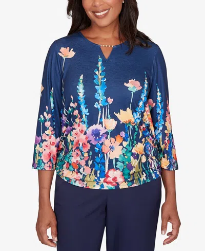 Alfred Dunner Petite Saratoga Springs Vertical Floral Border Knit Top In Multi