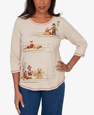 Alfred Dunner Petite Scarecrow Family Embroidered Top In Neutral