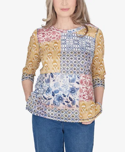 Alfred Dunner Petite Scottsdale Abstract Patchwork Printed Top In Multi