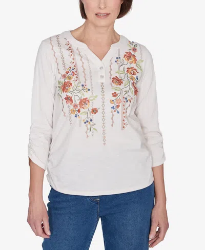 Alfred Dunner Petite Scottsdale Falling Floral Embroidered Henley Top In Oatmeal