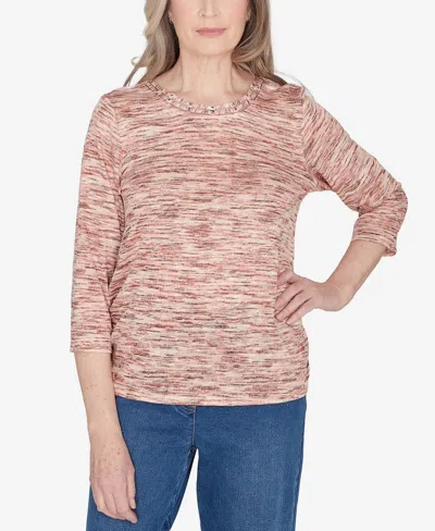 Alfred Dunner Petite Scottsdale Space Dye Beaded Neck Top In Apricot