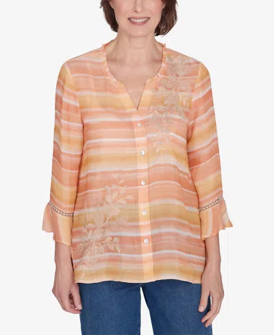 Alfred Dunner Petite Scottsdale Warm Stripe Floral Embroidered Top In Apricot