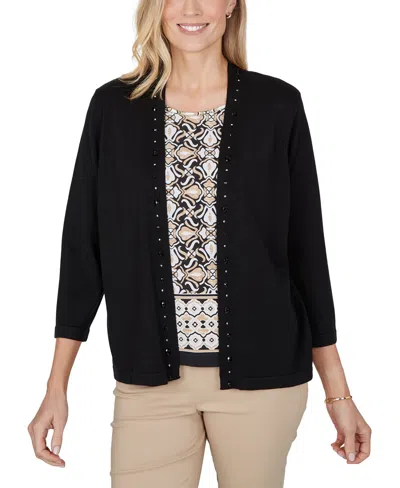 Alfred Dunner Petite Shawl-collar Embellished 3/4-sleeve Cardigan Sweater In Black