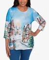 Alfred Dunner Petite Snow Cabin Scene Top In Blue