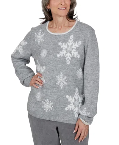 Alfred Dunner Petite Snowflake Long-sleeve Crewneck Sweater In Gray