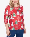 Alfred Dunner Petite Snowmen Print Top In Red
