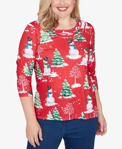 Alfred Dunner Petite Snowmen Print Top In Red