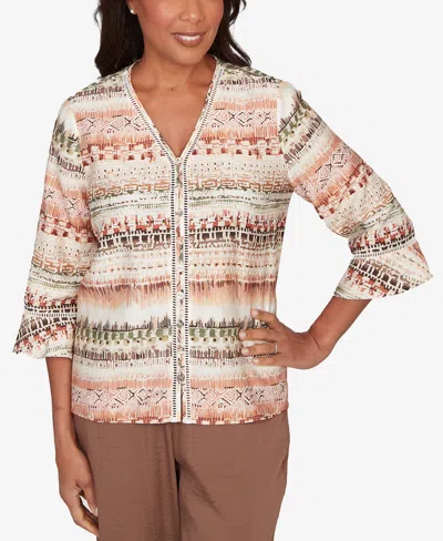 Alfred Dunner Petite Spice Market Biadere Stripe Center Seam V-neck Top In Animal Print