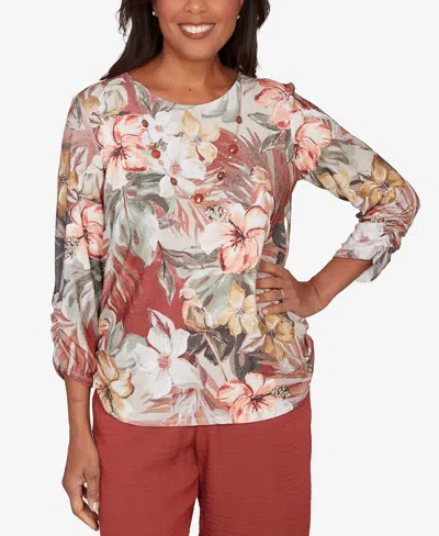 Alfred Dunner Petite Spice Market Dramatic Floral T-shirt With Necklace In Multi