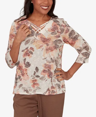 Alfred Dunner Petite Spice Market Embellished Neck Watercolor Floral Top In Blue