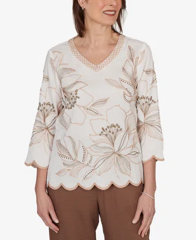 Alfred Dunner Petite Spice Market Embroidered Floral V-neck Textured Top In Brown