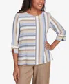 Alfred Dunner Plus Size Summer Solstice Spliced Stripe Button Shoulder Crew Neck Top In Neutral Multi