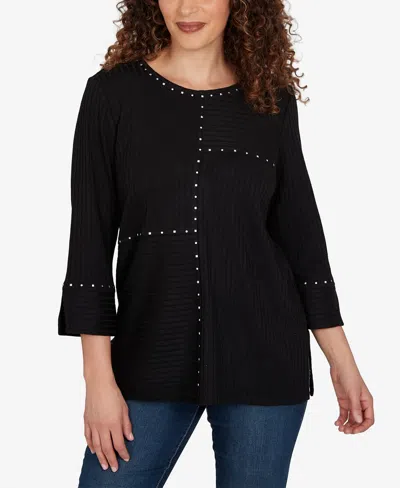Alfred Dunner Petite Spliced Texture Metallic Studded Top In Black