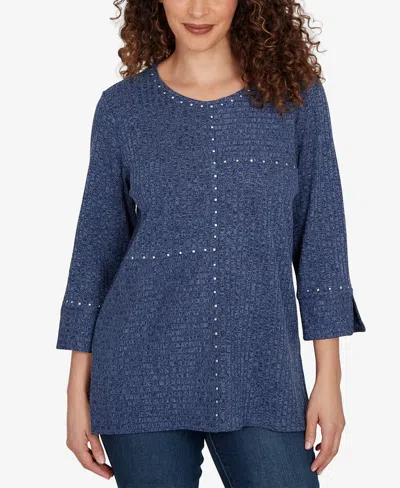 Alfred Dunner Petite Spliced Texture Metallic Studded Top In Blue