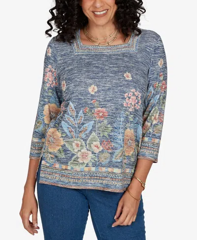 Alfred Dunner Petite Square Neck 3/4-sleeve Floral-print Knit Top In Denim