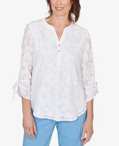 Alfred Dunner Petite St. Augustine Floral Jacquard Tie Sleeve Henley Top In White