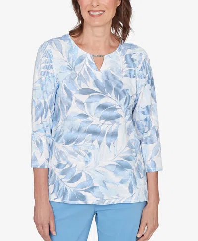 Alfred Dunner Petite St. Augustine Monotone Leaf Print Split Neck Top In Blue