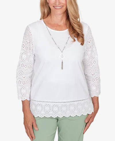 Alfred Dunner Petite St. Augustine Solid Eyelet Trim Top With Necklace In White
