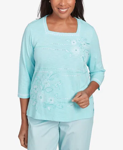 Alfred Dunner Petite St. Thomas Asymmetrical Dragonfly Embroidery Top In Mint