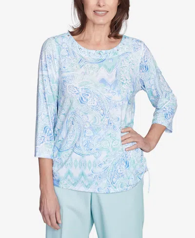 Alfred Dunner Petite St. Thomas Island Mint Paisley Ruched Side Top In Mint Multi