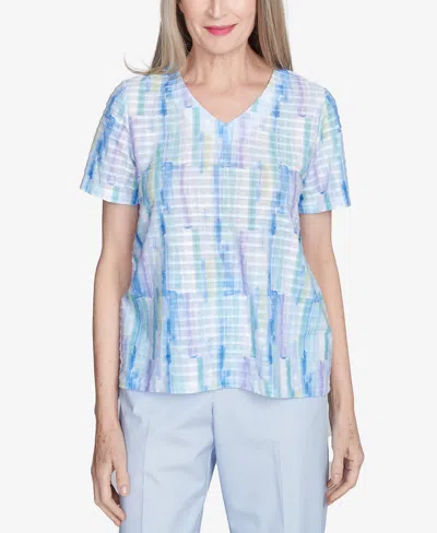 Alfred Dunner Petite St. Thomas Textured Brushstroke Short Sleeve Top In Sky Blue Multi
