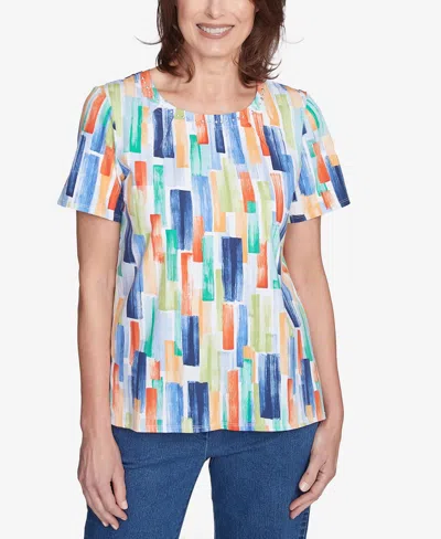 Alfred Dunner Petite Stained Glass Pleated Crew Neck Top In Multi