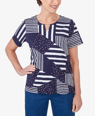 Alfred Dunner Petite Stars And Stripes Split Neck Tee In Navy