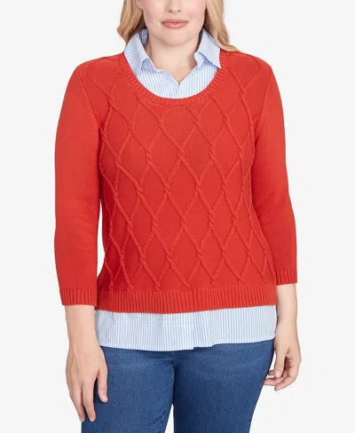 Alfred Dunner Petite Stitched Cable Stripe Woven Trim Sweater In Burgundy