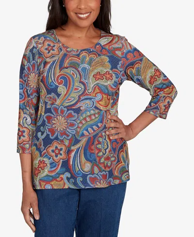 Alfred Dunner Petite Stitched Floral Crewneck Top In Blue