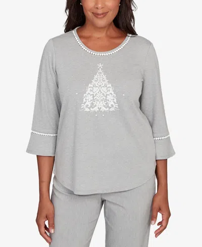 Alfred Dunner Petite Stockbridge Christmas Tree Embellished Knit Top In Gray
