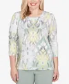 Alfred Dunner Petite Stockbridge Ikat Medallion Pattern Soft Knit Top In Green