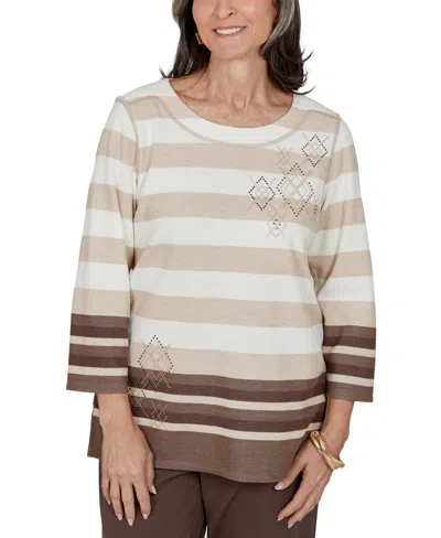 Alfred Dunner Petite Striped 3/4-sleeve Top In Animal Print