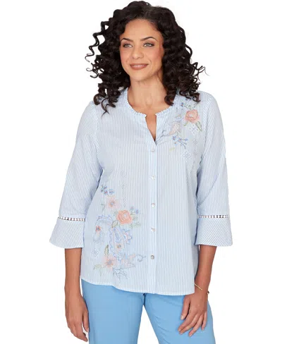 Alfred Dunner Petite Striped Floral Embroidered Button-down Top In Blue