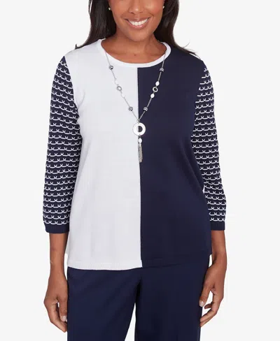 Alfred Dunner Petite Striped Sleeve Colorblock Sweater With Necklace In Navy Multi