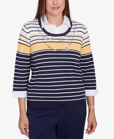 Alfred Dunner Petite Striped Two In One Collared Sweater With Necklace In Navy Multi