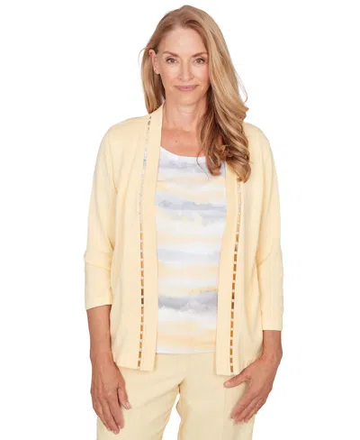 Alfred Dunner Petite Striped Two-in-one Crewneck Sweater In Yellow