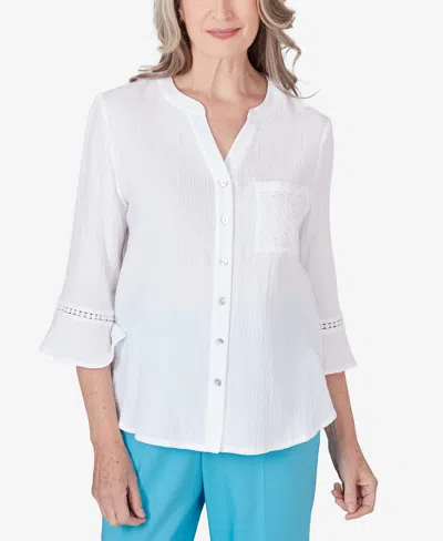 Alfred Dunner Petite Summer Breeze V-neck Button Down Gauze Top In White