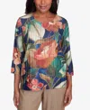 Alfred Dunner Plus Size Summer Solstice Dramatic Summer Floral Top With Necklace In Navy Multi