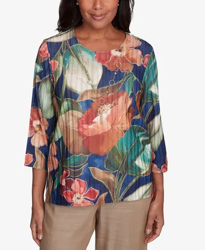 ALFRED DUNNER PETITE SUMMER SOLSTICE DRAMATIC SUMMER FLORAL TOP WITH NECKLACE