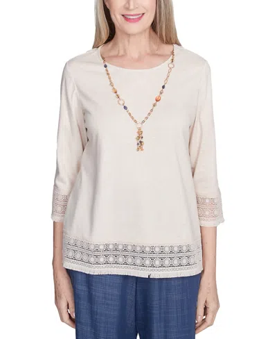 Alfred Dunner Women's Summer Solstice Lace Trimmed Knit Top In Neutral