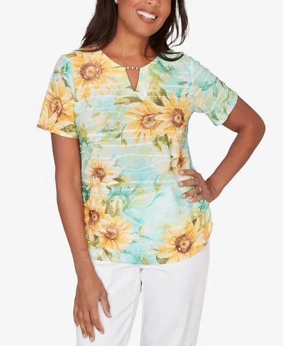 Alfred Dunner Petite Sunflower Split Neck Side Ruched Top In Blue