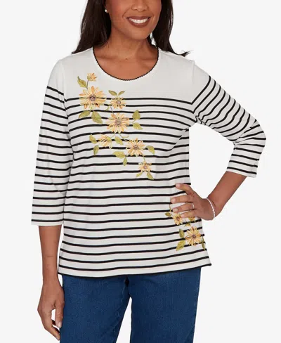 Alfred Dunner Petite Sunflower Stripe Knit Top In White