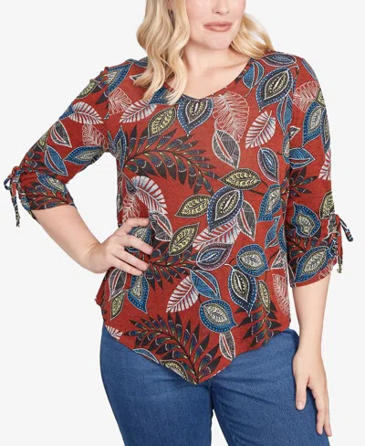 Alfred Dunner Petite Sunset Canyon Batik Leaves Melange Asymmetrical Top In Multi