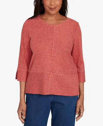 Alfred Dunner Petite Sunset Canyon Embellished Spliced Solid Top In Pink