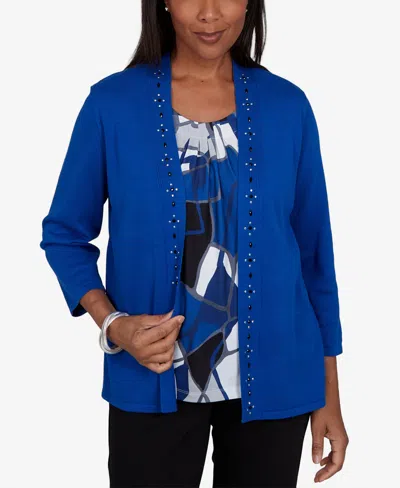 Alfred Dunner Petite Sweatr Pet Shawl-collar 3/4-sleeve Cardigan In Sapphire