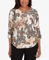 Alfred Dunner Petite Textured Paisley Ruched Sleeves Top In Brown