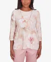 Alfred Dunner Petite Textured Watercolor Flower Top With Necklace In Multi Pink