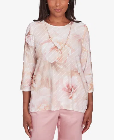 Alfred Dunner Petite Textured Watercolor Flower Top With Necklace In Multi Pink